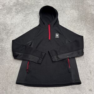 Spyder Waffle Fleece Hoodie 1/4 Zip Jacket Mens Medium Black Red Thumbholes